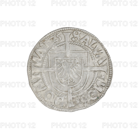 Teutonic groschen, Albrecht Hohenzollern (prince in Prussia; Grand Master; 1490–1568); publishers: Wille, Albrecht (fl. 1520–?), Plate, Dominik (fl. ?–1527). Obverse: Shield with the Brandenburg eagle bearing the Hohenzollern shield on its breast, placed at the intersection of a cross with elongated, widening arms that divide the rim legend and reach the outer rim; rim inscription between pearly borders. Reverse: Teutonic Order's shield with a cross whose elongated, widening arms divide the rim legend and reach the outer rim; rim inscription between pearly borders. Date: 1525. State of the Teutonic Order (1226–1525), Königsberg. Coin; diameter 20.6 mm; weight 1.45 g; axis 225°.