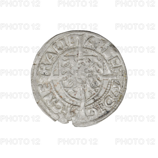 Teutonic groschen, Albrecht Hohenzollern (prince in Prussia; Grand Master; 1490–1568); Wille, Albrecht (fl. 1520–?), publisher; Plate, Dominik (fl. ?–1527), publisher. Iconography: cross with elongated arms; Brandenburg eagle with the Hohenzollern shield on the chest; monastic shield of the Grand Master; Teutonic Knights (order). Obverse: Shield with the Brandenburg eagle bearing the Hohenzollern shield on its breast, placed at the intersection of a cross whose elongated, widening arms divide the rim legend and reach the outer rim; on the rim, between the pearly borders, the inscription. Reverse: Teutonic Order's shield with a cross whose elongated, widening arms divide the rim legend and reach the outer rim; on the rim, between the pearly borders, the inscription. Date: 1524. State of the Teutonic Order (1226–1525), Königsberg. Coin: diameter 20.6 mm, weight 1.51 g, axis 90°.