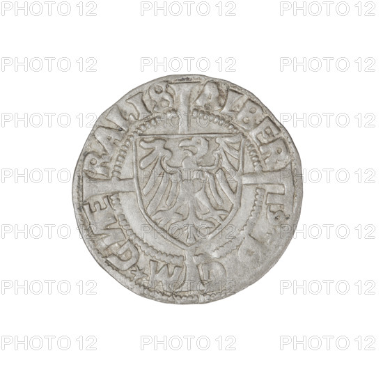 Teutonic groschen, Albrecht Hohenzollern (prince in Prussia; Grand Master; 1490–1568); Wille, Albrecht (fl. 1520–?), publisher; Plate, Dominik (fl. ?–1527), publisher. Obverse: shield with the Brandenburg eagle bearing the Hohenzollern shield on its breast placed at the intersection of a cross with elongated, widening arms that divide the rim legend and reach the outer rim; rim inscription between pearly borders. Reverse: Order's shield of the Grand Master with a cross whose elongated, widening arms divide the rim legend and reach the outer rim; rim inscription between pearly borders. Iconography: cross with elongated arms; Brandenburg eagle with Hohenzollern shield; monastic shield of the Grand Master; Teutonic Knights (order). Date: 1525. Coin type: Teutonic groschen, Königsberg. Diameter 20.3 mm; weight 1.27 g; axis 290°.
