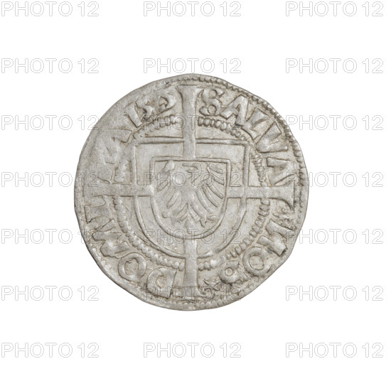 Teutonic groschen, Albrecht Hohenzollern (prince in Prussia; Grand Master; 1490–1568); Wille, Albrecht (fl. 1520–?), publisher; Plate, Dominik (fl. ?–1527), publisher. Obverse: shield with the Brandenburg eagle bearing the Hohenzollern shield on its breast placed at the intersection of a cross with elongated, widening arms that divide the rim legend and reach the outer rim; rim inscription between pearly borders. Reverse: Order's shield of the Grand Master with a cross whose elongated, widening arms divide the rim legend and reach the outer rim; rim inscription between pearly borders. Iconography: cross with elongated arms; Brandenburg eagle with Hohenzollern shield; monastic shield of the Grand Master; Teutonic Knights (order). Date: 1525. Coin, diameter 20.3 mm, weight 1.27 g, axis 290 degrees.