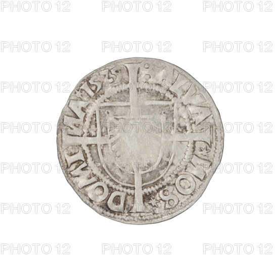 Teutonic groschen, Albrecht Hohenzollern (prince in Prussia; Grand Master; 1490–1568); Wille, Albrecht (fl. 1520–?), publisher; Plate, Dominik (fl. ?–1527), publisher. Iconography: cross with elongated arms; Brandenburg eagle with the Hohenzollern shield on the chest; monastic shield of the Grand Master. Obverse: shield with the Brandenburg eagle bearing the Hohenzollern shield on its breast, placed at the intersection of a cross whose elongated, widening arms divide the rim legend and reach the outer rim; on the rim, between pearly borders, an inscription. Reverse: Teutonic Order's shield with a cross whose elongated, widening arms divide the rim legend and reach the outer rim; on the rim, between pearly borders, an inscription. Date: 1525. State of the Teutonic Order (1226–1525), Königsberg. Coin; diameter 20.2 mm; weight 1.36 g; axis 315°.