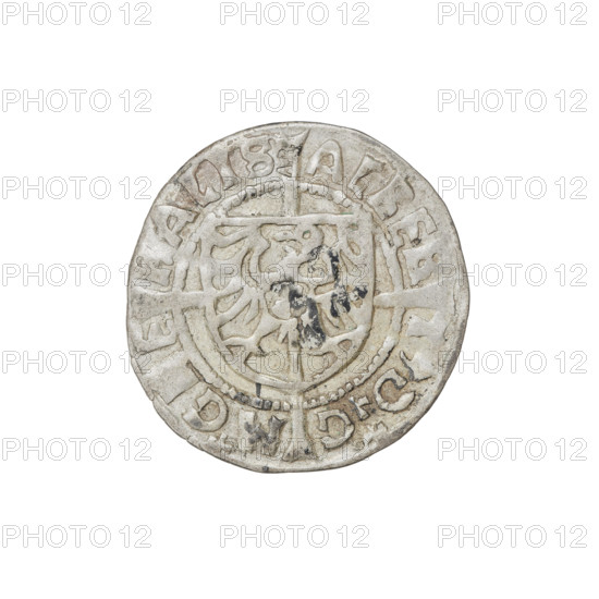 Teutonic groschen, Albrecht Hohenzollern (prince in Prussia; Grand Master; 1490–1568); Wille, Albrecht (fl. 1520–?), publisher; Plate, Dominik (fl. ?–1527), publisher; cross with elongated arms (iconographic); Brandenburg eagle (iconographic) with the Hohenzollern shield on its chest; monastic shield of the Grand Master (iconographic); AR punch (on obverse and reverse); Teutonic Order. Obverse: Shield with the Brandenburg eagle bearing the Hohenzollern shield on the breast, placed at the intersection of a cross whose elongated, widening arms divide the rim legend and reach the outer rim; on the rim, between the pearly borders, the inscription. Reverse: Order's shield of the Grand Master with a cross whose elongated, widening arms divide the rim legend and reach the outer rim; on the rim, between the pearly borders, the inscription. 1525; State of the Teutonic Order (1226–1525), Königsberg; coin; dia. 20 mm; weight 1.47 g; axis 80°.