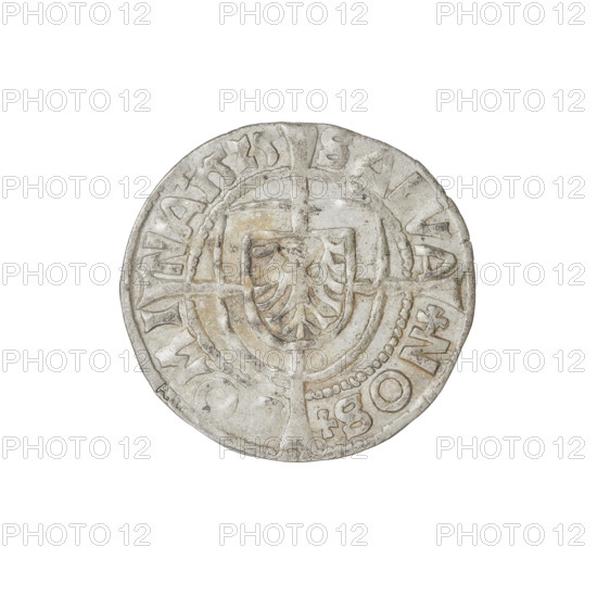 Teutonic groschen, Albrecht Hohenzollern (prince in Prussia; Grand Master; 1490–1568); Wille, Albrecht (fl. 1520–?), publisher; Plate, Dominik (fl. ?–1527), publisher; cross with elongated arms (iconographic); Brandenburg eagle (iconographic) with the Hohenzollern shield on his chest; monastic shield of the Grand Master (iconographic); AR punch (on obverse and reverse); Teutonic Order. Obverse: Shield with the Brandenburg eagle with the Hohenzollern shield on the breast placed at the intersection of the arms of a cross, whose elongated, widening arms, dividing the rim legend, reach the outer rim. On the rim, between the pearly borders, the inscription. Reverse: Order's shield of the Grand Master with a cross, whose elongated, widening arms, dividing the rim legend, reach the outer rim. On the rim, between the pearly borders, the inscription. 1525; State of the Teutonic Order (1226–1525); Königsberg; coin; dia. 20 mm; weight 1.47 g; axis 80°.