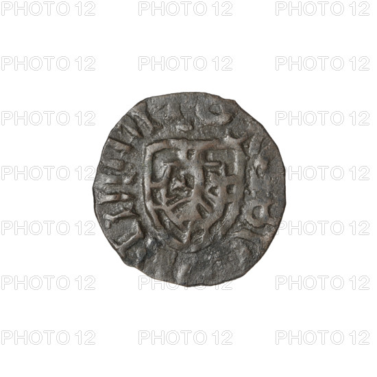 Teutonic szelag forgery from the period; forgeries from the period. Teutonic Order's shield (iconographic). Teutonic Knights (order). Depictions and legends on the obverse and reverse barbarized. Obverse: shield with the order's cross; at the intersection of the arms, a shield with an eagle; barbaric inscription around the rim. Reverse: shield of the order with a cross with arms reaching to its edge; barbaric inscription around the rim. After 1380; State of the Teutonic Order (1226–1525). Coin, diameter 18 mm, weight 0.93 g, axis 315°.