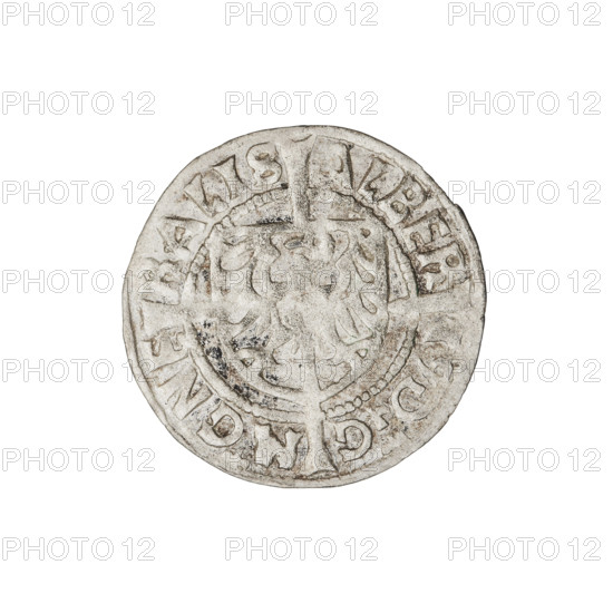 Teutonic groschen, Albrecht Hohenzollern (prince in Prussia; Grand Master; 1490–1568); Wille, Albrecht (fl. 1520–?), publisher; Plate, Dominik (fl. ?–1527), publisher. Iconography: cross with elongated arms; Brandenburg eagle with the Hohenzollern shield on the chest; monastic shield of the Grand Master. Obverse: shield with the Brandenburg eagle bearing the Hohenzollern shield on its breast, placed at the intersection of a cross whose elongated, widening arms divide the rim legend and reach the outer rim. Reverse: Teutonic Order's shield with a cross whose elongated, widening arms divide the rim legend and reach the outer rim. Inscription on rim between pearly borders. Date: 1525. State of the Teutonic Order (1226–1525), Königsberg. Coin, diameter 20 mm, weight 1.38 g, axis 0°.