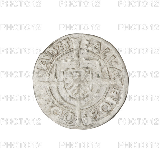 Teutonic groschen, Albrecht Hohenzollern (prince in Prussia; Grand Master; 1490–1568); Wille, Albrecht (fl. 1520–?), publisher; Plate, Dominik (fl. ?–1527), publisher. Iconography: cross with elongated arms; Brandenburg eagle with the Hohenzollern shield on the chest; monastic shield of the Grand Master; Teutonic Knights (order). Obverse: shield with the Brandenburg eagle bearing the Hohenzollern shield on its breast placed at the intersection of the arms of a cross; the elongated, widening arms divide the rim legend and reach the outer rim; on the rim, between the pearly borders, an inscription. Reverse: Teutonic Order's shield with a cross, the elongated, widening arms divide the rim legend and reach the outer rim; on the rim, between the pearly borders, an inscription. Date: 1525. State of the Teutonic Order (1226–1525), Königsberg. Coin; diameter 20 mm; weight 1.38 g; axis 0°.