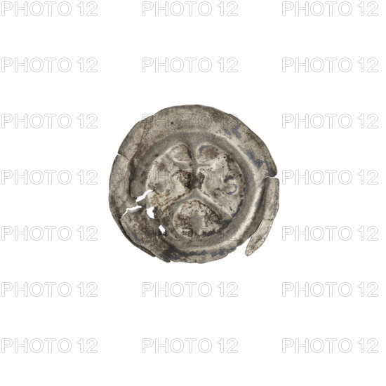 Denarius (bracteate) depicting a cross on an arcade, moon, crescent with a ball, and stars; one-sided coin showing crosses, balls, moons, and a central cross on an arch with a six-pointed star below it; on both sides of the cross one ball and a crescent. Ca. 1277/1278–ca. 1287/1288. Issued by the State of the Teutonic Order (1226–1525). Coin (one-sided). Diameter 17.2 mm; weight 0.22 g.