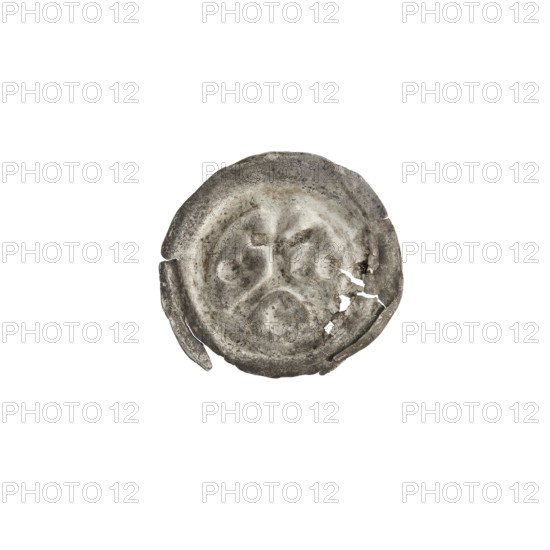 Denarius (bracteate) showing a cross on an arcade (iconographic), moon (iconographic), crescent with a ball, stars; one-sided coin with crosses, balls; associated with the Teutonic Knights (Order). Obverse: cross in arch with a six-pointed star below, and on both sides of the cross one ball and a crescent. Date: ca. 1277/1278–ca. 1287/1288. Issuer: State of the Teutonic Order (1226–1525). Coin (one-sided). Diameter: 17.2 mm. Weight: 0.22 g.
