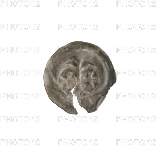 Denarius - bracteate, arcades, Leliwa (coat of arms), columns, crosses, forked column, one-sided coin, equal-armed cross, spheres, Teutonic Knights (Order), column with two arches at the bottom, forked, topped with a sphere. On both sides one isosceles cross with widening, forked ends of the arms. ca. 1267/1268–ca. 1277/1278, State of the Teutonic Order (1226–1525). Coin (one-sided), diameter 17.7 mm, weight 0.22 g.
