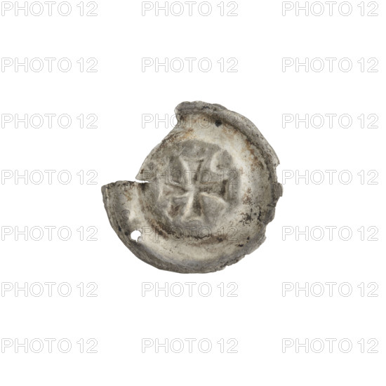 Denarius - bracteate; isosceles cross with expanding, split arms; in one angle between the arms a six-pointed star, in the opposite angle a crescent; Leliwa (coat of arms), moon and stars motifs; one-sided coin; crosses; Teutonic Knights (Order). 2nd half of the 13th century, State of the Teutonic Order (1226–1525). Coin (one-sided). Diameter 18 mm, weight 0.23 g.