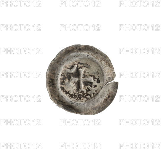 Denarius - bracteate; isosceles cross with expanding, split arms; in one angle a six-pointed star, in the opposite angle a crescent; moons, stars; one-sided coin; 2nd half of the 13th century; State of the Teutonic Order (1226–1525); diameter 17.4 mm; weight 0.23 g; maker: Ryszard Antoni (1841–1894); Potocki Andrzej Kazimierz (1861–1908); AR mark.