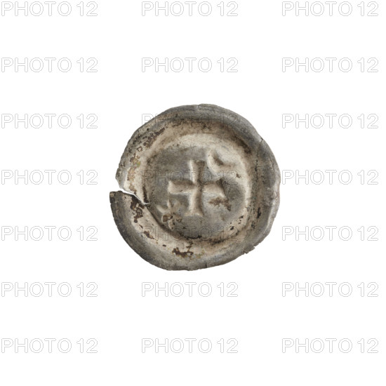 Denarius - bracteate, isosceles cross with expanding, split arms; in one angle between its arms a six-pointed star, in the opposite angle a crescent; moons, stars; one-sided coin. Maker: Ryszard, Antoni (1841–1894). Also associated name: Potocki, Andrzej Kazimierz (1861–1908). 2nd half of the 13th century, State of the Teutonic Order (1226–1525). Coin (one-sided), diameter 17.4 mm, weight 0.23 g.