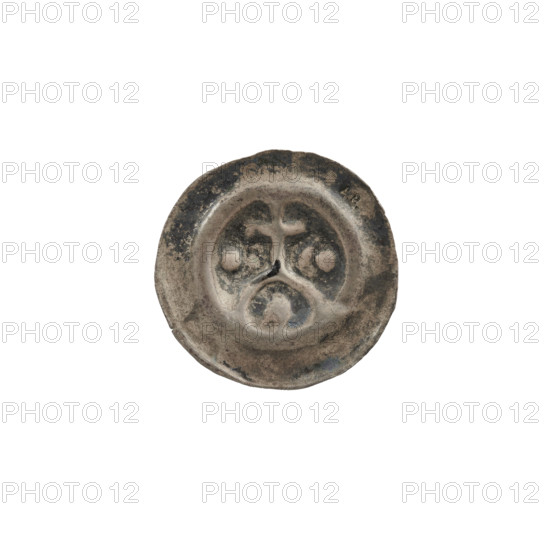 denarius - bracteate, cross on arcade I (iconographic), Richard, Anthony (1841-1894), AR mark, moon (iconographic), crescent with a ball, stars, one-sided coins, crosses, balls, Teutonic Knights (order), moons, Cross supported by an arch, under it a six-pointed star, on the left side in the coin field a ball, on the right a crescent with a ball, ca. 1277/1278 - ca. 1287/1288, State of the Teutonic Order (1226-1525), coin (one-sided), diameter 17.1 mm, weight 0.22 g
