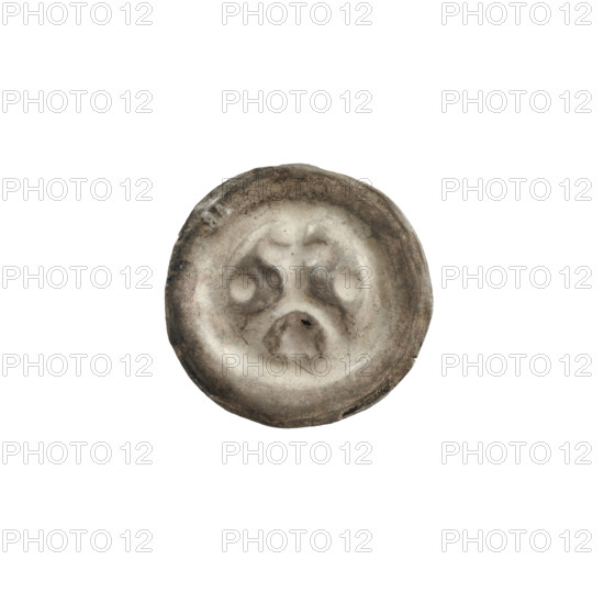 denarius - bracteate, cross on arcade I (iconographic), AR mark, moon (iconographic), crescent with a ball, stars, one-sided coin, crosses, balls, Teutonic Knights (order), moons, Cross supported by an arch, under it a six-pointed star, on the left side in the coin field a ball, on the right a crescent with a ball, ca. 1277/1278 - ca. 1287/1288, State of the Teutonic Order (1226-1525), coin (one-sided), diameter 17.1 mm, weight 0.22 g