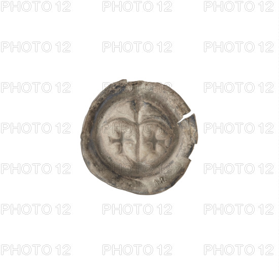Denarius (bracteate) — one-sided coin; obverse: column with two arches supported by a crescent topped with a sphere; on both sides an equal-armed cross with widening, forked ends; motifs include AR marks, crosses, columns, spheres; maker/attribution: Ryszard Antoni (1841–1894) and Potocki Andrzej Kazimierz (1861–1908) noted; Teutonic Knights (State of the Teutonic Order), ca. 1267/1268–ca. 1277/1278; diameter 16.6 mm; weight 0.18 g.