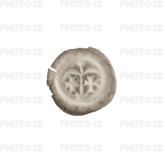 Denarius - bracteate; arcades; AR marks; crosses; columns; column on a crescent; one-sided coin; equal-armed cross with widening, forked ends of the arms; spheres; Teutonic Knights (Order); maker: Ryszard, Antoni (1841–1894); Potocki, Andrzej Kazimierz (1861–1908); depiction: column with two arches supported by a crescent topped with a sphere; both sides show the equal-armed cross; ca. 1267/1268–ca. 1277/1278; State of the Teutonic Order (1226–1525); coin (one-sided); diameter 16.6 mm; weight 0.18 g.