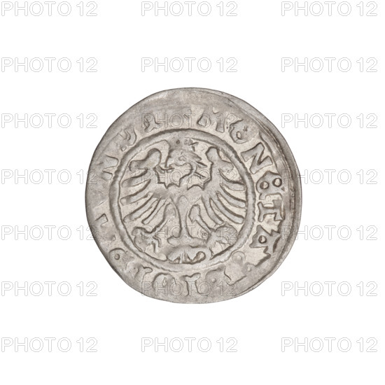 Crown half-grosz of Sigismund I the Old (King of Poland, reign 1506–1548). Obverse: royal crown; rim inscription divided at the top by a cross: REGIS: POLONIE. Reverse: Polish eagle; rim inscription divided at the top by a cross: MONETA: SIGISMVNDI. Dated 1506–1548; Kraków, Poland. Coin; diameter 19.0 mm; weight 0.97 g.