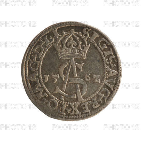 Lithuanian trojak, Sigismund II Augustus (king of Poland; 1544–1572); emblems of the Jagiellon dynasty; Pogon (Lithuanian coat of arms); SA tied royal monogram; obverse: under a crown a tied monogram composed of the letters SA, flanked by the year 15-6Z, inscription around rim: SIGIS.AVG.REX.PO.MAG.DLI; reverse: Lithuanian Pogon facing left, below the value number III and the Column coat of arms dividing the rim inscription: GROSS.AR.TRIP - MAG.DVCA.LI; dated 1562, struck in Vilnius, Grand Duchy of Lithuania (Poland); coin; diameter approx. 21.5–21.6 mm; weight 2.9 g.