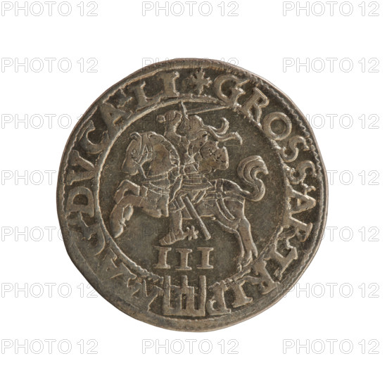 Lithuanian trojak, Sigismund II Augustus (king of Poland; 1544–1572), emblems, Jagiellon dynasty, Polish coin. Obverse: under the crown a tied monogram composed of the letters SA, year on the sides 15 - 6Z, inscription around the rim: .SIGIS.AVG.REX.PO.MAG.DLI. Reverse: Lithuanian Pogon (Pursuit) facing left, below the value number III and the Column coat of arms dividing the rim inscription: .GROSS.AR.TRIP - MAG.DVCA.LI. Dated 1562, struck in Vilnius, Grand Duchy of Lithuania, Poland. Coin; diameter ~21.5–21.6 mm, weight ~2.9 g.