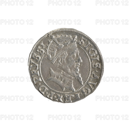 Gdansk grosz, Sigismund II Augustus (King of Poland; 1544–1572), Jagiellon dynasty; Polish coin. Obv.: Crowned male bust in profile turned to the right; in the rim between pearl-shaped borders an inscription divided at the top: .SIGIS.AVG., EX.PDPRVSS. Rev.: Coat of arms of Gdansk; in the rim between pearl-shaped borders an inscription: .GROSSVS:CIVI.GEDANEN.1556. Date: 1556. Poland, Gdansk. Coin; diameter 22.3–22.8 mm; axis 10°; weight 1.91 g.