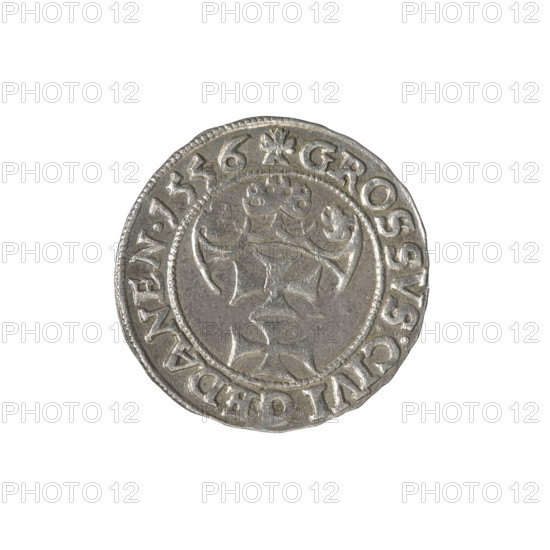 Gdansk grosz, Sigismund II Augustus (King of Poland; 1544–1572), Jagiellon dynasty, Polish coin. Obverse: Crowned male bust in profile turned to the right; in the rim between pearl-shaped borders an inscription divided at the top: .SIGIS.AVG., EX.PDPRVSS. Reverse: Coat of arms of Gdansk; in the rim between pearl-shaped borders an inscription: .GROSSVS:CIVI.GEDANEN.1556. Date: 1556. Place: Poland, Gdansk. Coin; diameter 22.3–22.8 mm; axis 10°; weight 1.91 g.