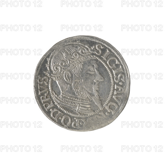 Gdansk grosz, Sigismund II Augustus (King of Poland; 1544–1572), Jagiellon dynasty. Obverse: Crowned male bust of Sigismund II Augustus in profile to the right; rim with pearl-shaped borders and inscription divided at top: SIGIS.AVG., .PDPRVS. Reverse: Coat of arms of Gdansk; rim with pearl-shaped borders and inscription: GROSSVS.C, .GEDANEN. 1557. Poland, Gdansk. Coin; diameter 22.7–23.0 mm; weight 2.01 g.