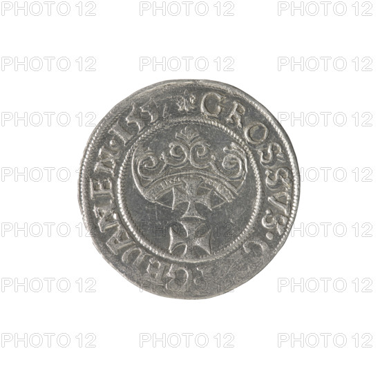 Gdansk grosz, Sigismund II Augustus (King of Poland; 1544–1572), Jagiellons (dynasty); Polish coin. Obverse: Crowned male bust in profile turned to the right; inscription in rim between pearl-shaped borders: SIGIS.AVG., .PDPRVS. Reverse: Coat of arms of Gdansk; inscription in rim between pearl-shaped borders: GROSSVS.C, .GEDANEN.155, 1557. Poland, Gdansk. Coin; diameter 22.7–23.0 mm; weight 2.01 g.