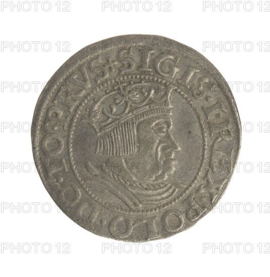 Gdansk grosz, Sigismund I the Old (King of Poland; 1506–1548). Polish coin (Jagiellon dynasty). Obverse: Crowned male bust in profile turned to the right; in the rim between pearl-shaped borders an inscription: .SIGIS.I.REX.POLO.DO.TO.PRVS. Reverse: Coat of arms of Gdansk; in the rim between pearl-shaped borders an inscription: .GROSSVS.CIVI.DANCZK.1535. Date: 1535. Place: Gdansk, Poland. Diameter: ~22.2–22.5 mm. Weight: 1.96 g.