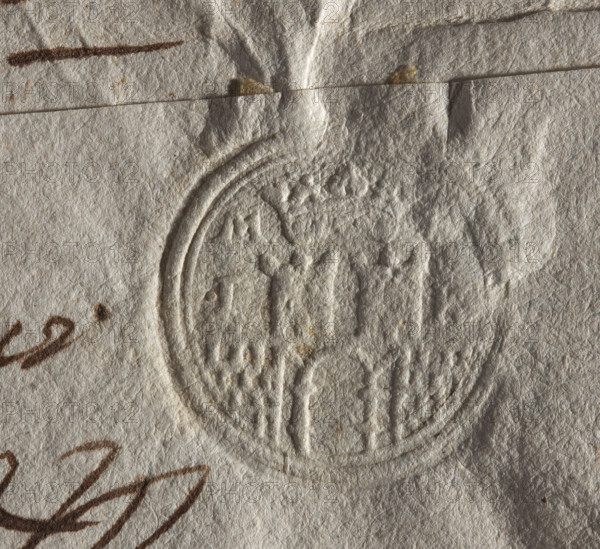 Round impression of the town seal of Bedzin, Kraków Voivodeship, Duchy of Siewierz. Fortress wall with an open gate and two towers with three battlements under a crown. Letters beside the towers: M / R; I / K. Dated 1777. Poland. Seal.