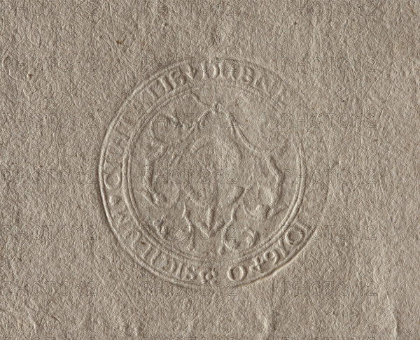 Round seal impression of the town of Dubno, Volhynian Voivodeship. Among stylized plants, the coat of arms of the Ostrogski princes. In the rim, the inscription: SIGILLUM . CIVITATIS . DUBNE, 1640. Poland., A textured beige surface with visible fibrous patterns and a circular embossed seal in the center-right area; the seal shows raised and indented shapes forming a central crest-like motif surrounded by a double ring and ornamental elements, all in the same beige tone with shadows creating subtle contrast.