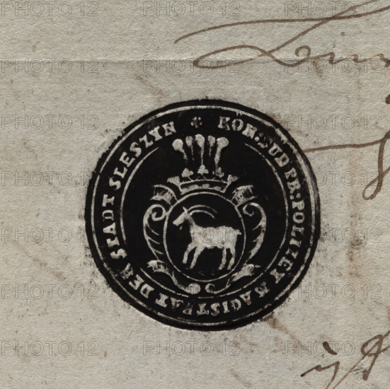 Round ink print of the seal of the town of Sleszyn. In a baroque cartouche, under an open crown with five ostrich feathers, a goat striding to the right. In the rim, the inscription: * KON(IGLICHES): SUDPR(EUSSEN) : POLIZEY MAGISTRAT DER STADT SLESZYN *, 1803, Poland.
