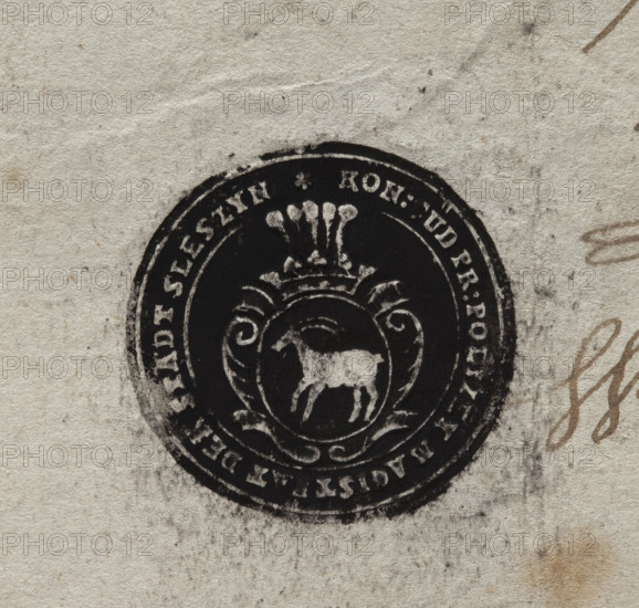 Round ink print of the seal of the town of Sleszyn. In a baroque cartouche, under an open crown with five ostrich feathers, a goat striding to the right. In the rim, the inscription: * KON(IGLICHES): SUDPR(EUSSEN) : POLIZEY MAGISTRAT DER STADT SLESZYN *, 1803, Poland.