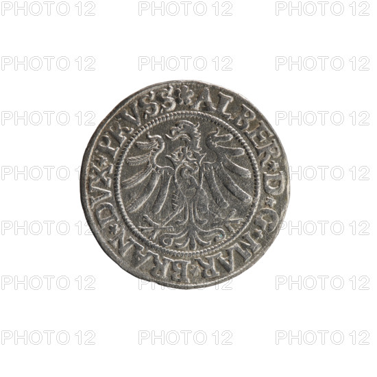 grosz; Straub (Strawb), Heinrich, publisher; Decjusz, Jost Ludwik (fl. 1528–1535); Wille, Albrecht (fl. 1520–? ), publisher; Albrecht Hohenzollern (Prince of Prussia; 1490–1568) — iconography: eagles, Hohenzollern coat of arms, male busts in armour. Obverse: Prussian eagle, on its breast a crowned letter S; along the rim between pearly borders an inscription beginning with a rosette ALBER*D*G*MAR*BRAN*DVX*PRVSS. Reverse: male bust in armor, profile turned to the right, short hair, beard with sideburns; along the rim between pearly borders an inscription beginning with the Hohenzollern coat of arms *IVSTVS*EX*FIDE*VIVIT* I53Z*. 1532, Königsberg, Ducal Prussia (1525–1701). Coin; diameter 22.7 mm; weight 1.94 g; axis 315°.