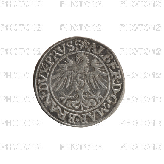 grosz, Decius, Jost Ludwik (fl. 1528–1535); obverse: Prussian eagle, on its chest a crowned letter S; in the rim between the pearl borders an inscription beginning with a rosette ALBER*D*G*MAR*BRAN*DVX*PRVSS. Reverse: male bust in armor in profile turned to the right, short hair, beard with sideburns; in the rim between the pearl borders an inscription beginning with the Hohenzollern coat of arms *IVSTVS*EX*FIDE*VIVIT* I535*. 1535, Königsberg, Ducal Prussia (1525–1701). Coin; diameter 23.3 mm; weight 2.00 g; axis 250°.