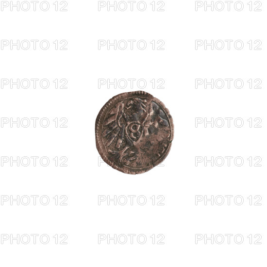 denarius; Wille, Albrecht (fl. 1520-?), publisher; Straub (Strawb), Heinrich, publisher; Decius, Jost Ludwik (fl. 1528-1535); eagles; Hohenzollern (coat of arms); stars; Albrecht Hohenzollern (Prince of Prussia; 1490–1568). Obverse: in the borders continuous and pearled letter A beneath which the heraldic shield of the Hohenzollerns; in the field, to the left of the letter, a six-pointed star. Reverse: in the continuous and pearled borders a Prussian eagle; on its chest a crowned shield with the letter S. Date: 1529–1531. Place: Königsberg, Ducal Prussia (1525–1701). Object: coin (denarius). Diameter: 12.8 mm; weight: 0.39 g; axis: 60°.