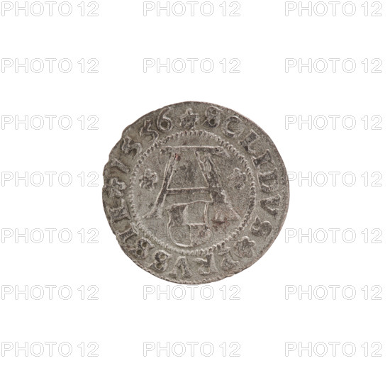 szelag, Nimptsch (Nimsch), Wolf, R3 (rarity), eagles, Hohenzollern (coat of arms), rosettes, Albrecht Hohenzollern (Prince of Prussia; 1490–1568). Obv.: Prussian eagle, on its chest the crowned letter S. On the rim, between the pearl borders, an inscription beginning with a trefoil; between the words, one dot. Legend: ALBERTVS DG DVX PRVSSIE. Rev.: The letter A, below which the heraldic shield of the Hohenzollerns; on both sides of the letter, one rosette. On the rim between the pearl borders an inscription: SOLIDVS PRVSSIE I556 (rosette at the beginning of the legend and between words). 1556, Königsberg, Ducal Prussia (1525–1701). Coin: diameter 19.7 mm, weight 0.99 g, axis 60°.