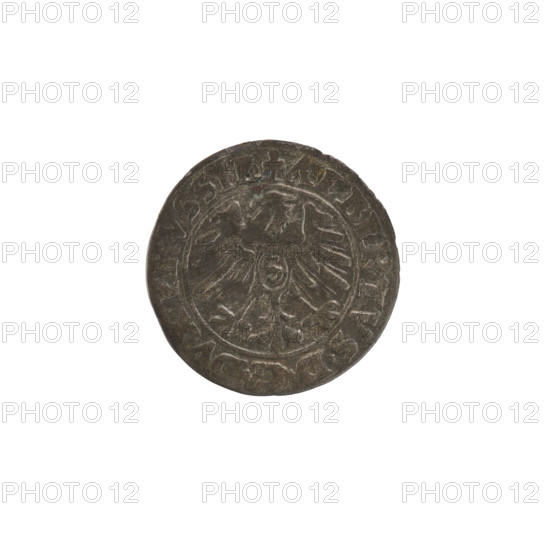 szelag, Nimptsch (Nimsch), Hans, R3 (rarity), eagles, rosettes, Hohenzollern (coat of arms), Albrecht Hohenzollern (Prince of Prussia; 1490–1568). Obverse: Prussian eagle, on its chest the crowned letter S; in the rim between the pearl borders an inscription beginning with a trefoil: ALBERTVS*D*G*DVX*PRVSSIE. Reverse: Letter A, under which the heraldic shield of the Hohenzollerns; one rosette on each side of the letter; in the rim between the pearl borders the inscription: SOLIDVS PRVSSIE I551 (rosettes at the beginning of the legend and between words). 1551, Königsberg, Ducal Prussia (1525–1701). Coin: diameter 19.0 mm, weight 0.94 g, axis 270°.