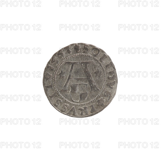 szelag, Goebell, Hans, publisher; Nimptsch (Nimsch), Hans; R (rarity); eagles; Hohenzollern (coat of arms); rosettes; Albrecht Hohenzollern (Prince of Prussia; 1490–1568). Obv.: Prussian eagle with crowned letter S on its chest. On the rim between pearl borders an inscription beginning with a trefoil; between the words one dot: ALBERTVS DG DVX PRVSSIE. Reverse: the letter A with the heraldic shield of the Hohenzollerns below it, flanked by rosettes. On the rim between the pearl borders the inscription: SOLIDVS PRVSSIE 1553 (rosettes between words). 1553, Königsberg, Ducal Prussia (1525–1701). Coin; diameter 19.0 mm; weight 1.08 g; axis 90°.