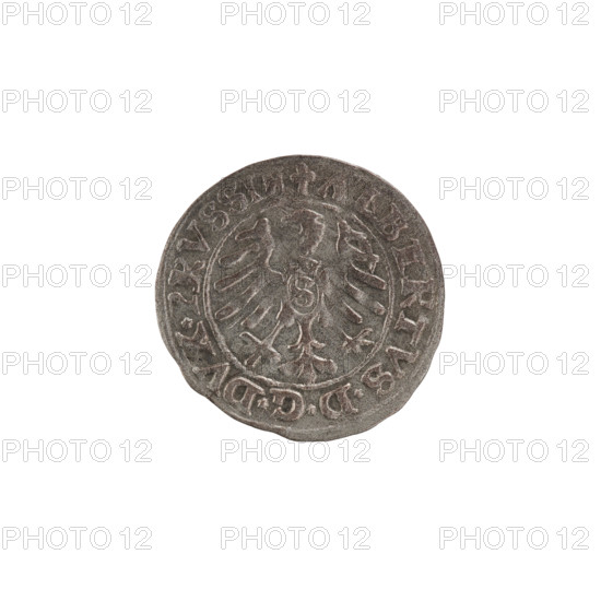 szelag; Goebell, Hans, publisher; Nimptsch (Nimsch), Hans; Albrecht Hohenzollern (prince in Prussia; grand master; 1490–1568); R (rarity). Obverse: Prussian eagle, on its breast a crowned letter S. Along the rim, between continuous borders, an inscription beginning with a trefoil: ALBERTVS*D*G*DVX*PRVSSIE. Right: letter A, beneath which the Hohenzollern coat of arms; one rosette on each side of the letter. Reverse: along the rim, between pearl borders, inscription with rosettes between words: SOLIDVS PRVSSIE 1553. Date: 1553. Place: Königsberg, Ducal Prussia (1525–1701). Coin; diameter 19.8 mm; weight 1.23 g; axis 190°.