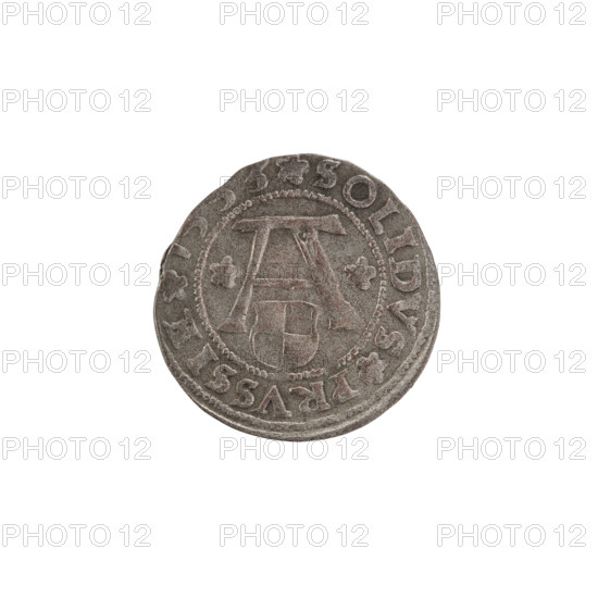 szelag; publisher: Goebell, Hans; place: Nimptsch (Nimsch); subject/maker: Albrecht Hohenzollern (prince in Prussia; grand master; 1490–1568); material/obj.: coin; type: Prussian szelag (solidus); date: 1553; mint: Königsberg, Ducal Prussia (1525–1701); diameter: 19.8 mm; weight: 1.23 g; axis: 190°. WQXBCFS
I:\nmw crop ready cleaned\ WQXBCFS
I:\nmw crop ready cleaned\Obverse: Prussian eagle; on its breast a crowned letter S; along the rim between continuous borders, inscription beginning with a trefoil: ALBERTVS*D*G*DVX*PRVSSIE. Right: letter A with Hohenzollern coat of arms beneath; one rosette on both sides of the letter. WQXBCFS
I:\nmw crop ready cleaned\ WQXBCFS
I:\nmw crop ready cleaned\Reverse: Along the rim between pearl borders, inscription with rosettes between words: SOLIDVS PRVSSIE I553. R (rarity).