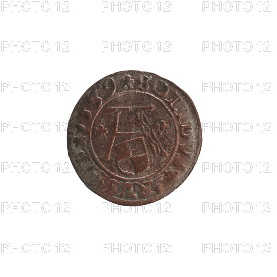 szelag (Nimptsch/Nimsch), maker Wolf, rarity R; Albrecht Hohenzollern (Prince of Prussia; 1490–1568). Obverse: Prussian eagle with crowned letter S on its chest; rim between pearl borders with inscription beginning with a tower (mint master's mark), words separated by dots: ALBERTVS DG DVX PRVSSIE. Reverse: letter A with Hohenzollern coat of arms below; one rosette on each side of the letter; rim between pearl borders with inscription beginning with a rosette, words separated by rosettes: SOLIDVS PRVSSIE 1559. Date: 1559. Mint: Königsberg, Ducal Prussia (1525–1701). Coin: diameter 20.0 mm, weight 1.05 g, axis 315°.