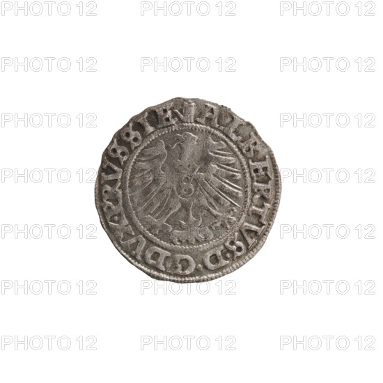 szelag, Nimptsch (Nimsch), Wolf, R1 (rarity), eagles, Hohenzollern (coat of arms), rosettes, Albrecht Hohenzollern (Prince of Prussia; 1490-1568). Obv.: Prussian eagle, on its chest the crowned letter S; on the rim between pearl borders an inscription beginning with a tower — the mint master's mark; between the words one dot; ALBERTVS DG DVX PRVSSIE. Rev.: the letter A with the heraldic shield of the Hohenzollerns below; a rosette on both sides of the letter; on the rim between pearl borders an inscription beginning with a rosette, one rosette between the words: SOLIDVS PRVSSIE. 1557. Königsberg, Ducal Prussia (1525–1701). Coin; diameter 19.9 mm; weight 1.20 g; axis 160°.