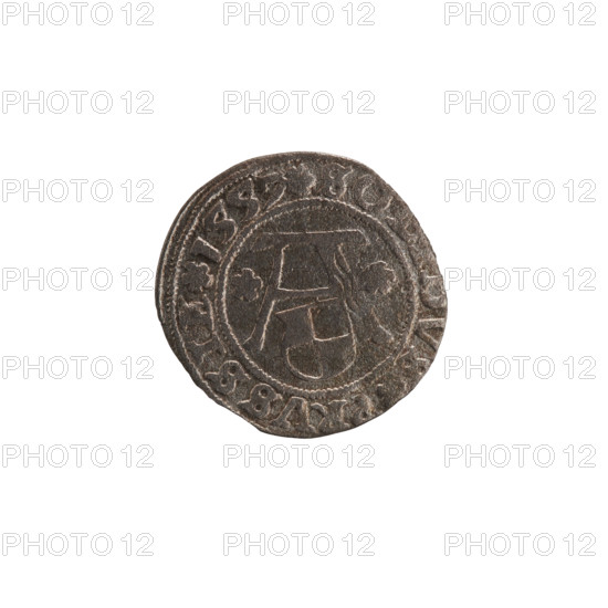 szelag, Nimptsch (Nimsch), Wolf, R1 (rarity), eagles, Hohenzollern (coat of arms), rosettes, Albrecht Hohenzollern (Prince of Prussia; 1490–1568). Obv.: Prussian eagle, on its chest the crowned letter S. On the rim, between the pearl borders, an inscription beginning with a tower - the mint master's mark; between the words one dot: ALBERTVS DG DVX PRVSSIE. Rev.: the letter A, below which the heraldic shield of the Hohenzollerns; on both sides of the letter one rosette. In the rim, between the pearl borders, an inscription beginning with a rosette; one rosette between the words: SO, DVS PRVSSIE. 1557. Königsberg, Ducal Prussia (1525–1701). Coin; diameter 19.8 mm; weight 1.04 g; axis 190°.