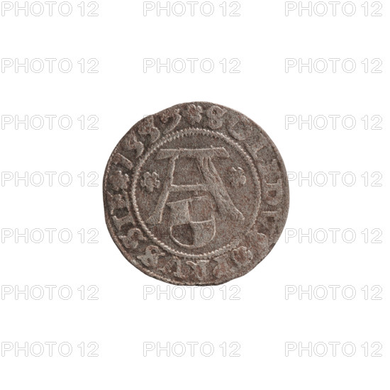 szelag, Nimptsch (Nimsch), Wolf, R1 (rarity), eagles, rosettes, Hohenzollern (coat of arms), Albrecht Hohenzollern (Prince of Prussia; 1490–1568). Obv.: Prussian eagle, on its chest the crowned letter S; on the rim between the pearl borders an inscription beginning with a tower — the mint master's mark; between the words one dot. Inscription: ALBERTVS DG DVX PRVSSIE. Rev.: The letter A, below which the heraldic shield of the Hohenzollerns; on both sides of the letter one rosette; in the rim between the pearl borders an inscription beginning with a rosette, one rosette between the words: SOLIDVS PRVSSIE. 1557. Königsberg, Ducal Prussia (1525–1701). Coin; diameter 19.7 mm; weight 1.07 g; axis 230°.