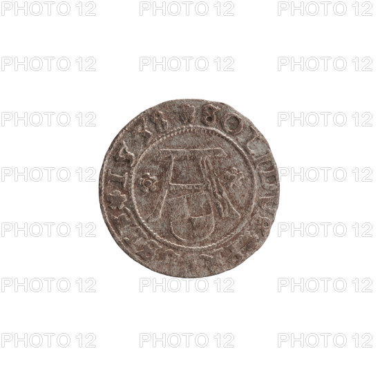 szelag, Nimptsch (Nimsch), Wolf, R (rarity), eagles, rosettes, Hohenzollern (coat of arms), Albrecht Hohenzollern (Prince of Prussia; 1490–1568). Obv.: Prussian eagle, on its chest the crowned letter S. On the rim, between the pearl borders, an inscription beginning with a tower — the mint master's mark; between the words one dot. ALBERTVS DG DVX PRVSSIE. Rev.: The letter A, below which the heraldic shield of the Hohenzollerns. On both sides of the letter, one rosette. In the rim between the pearl borders an inscription beginning with a rosette; one rosette between the words. SOLIDVS PRVSSIE. 1558. Königsberg, Ducal Prussia (1525–1701). Coin: diameter 19.5 mm, weight 1.07 g, axis 315°.