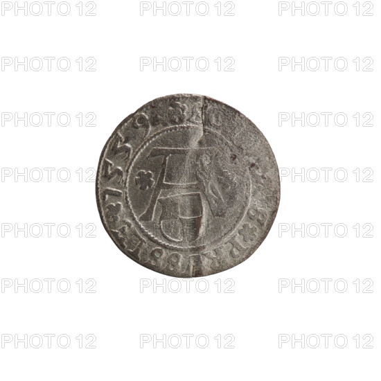 szelag, Nimptsch (Nimsch), Wolf, R (rarity), eagles, Hohenzollern (coat of arms), rosettes, Albrecht Hohenzollern (Prince of Prussia; 1490–1568). Obv.: Prussian eagle, on its chest the crowned letter S. On the rim, between the pearl borders, an inscription beginning with a tower — the mint master's mark. Between the words one dot each: ALBERTVS, DG DV, SSIE Rw. The letter A, below which the heraldic shield of the Hohenzollerns. On both sides of the letters, one rosette. Rev.: In the rim between the pearl borders an inscription beginning with a rosette. Between the words one rosette each: S, S PRVSSIE 1559. 1559, Königsberg, Ducal Prussia (1525–1701). Coin. Diameter 19.9 mm; weight 0.88 g; axis 45°.