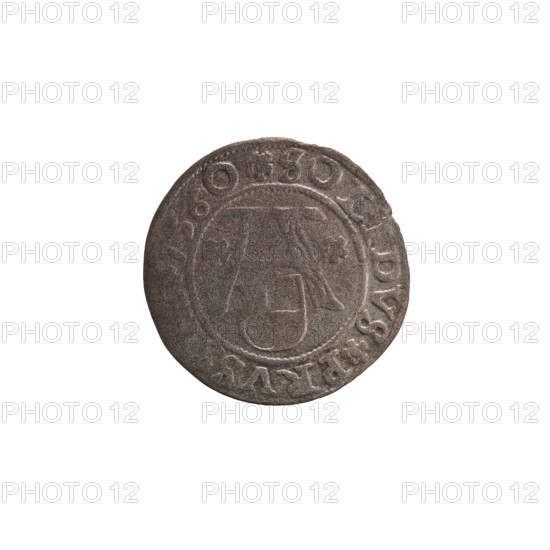 szelag; Lauterbach, Casper, publisher; Lentz, Gerhard; R1 (rarity); eagles; rosettes; Hohenzollern (coat of arms); Albrecht Hohenzollern (Prince of Prussia; 1490–1568). Obv.: Prussian eagle, on its chest the crowned letter S. On the rim, between the pearl borders, an inscription beginning with a tower — the mint master's mark; between the words, one dot each: ALBER, DG DVX PRVSSIE. Rev.: the letter A, beneath which the Hohenzollern coat of arms; on both sides of the letters, one rosette. In the rim, between the pearl borders, an inscription beginning with a rosette; between the words, one rosette: SOLIDVS PRVSS. 1560. Königsberg, Ducal Prussia (1525–1701). Coin; diameter 20.0 mm; weight 1.03 g; axis 315°.