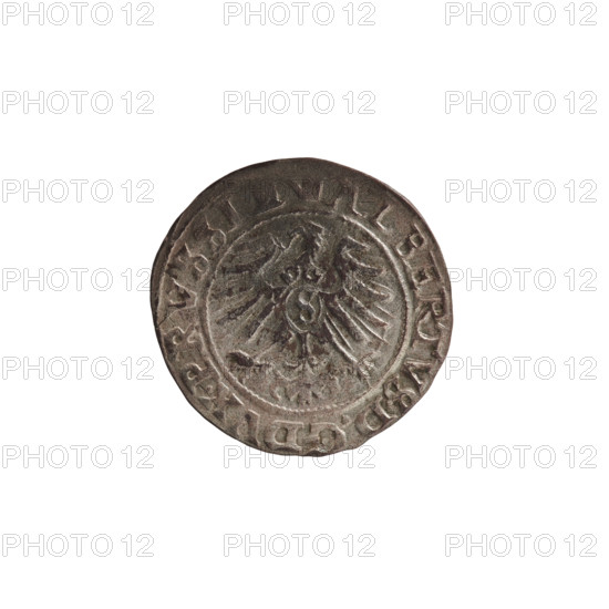 szelag; maker: Gerhard Lentz; publisher: Casper Lauterbach; rarity R1. Obverse: Prussian eagle with crowned letter S on its chest; rim inscription beginning with a tower mint-master's mark; inscription (between pearl borders) ALBERTVS DG DVX PRVSSI with dots between words. Reverse: letter A above the Hohenzollern heraldic shield, one rosette on both sides of the letter; rim inscription beginning with a rosette; one rosette between the words SOLIDVS PRVSSIE 156O. Date: 1560. Place: Königsberg, Ducal Prussia (1525–1701). Type: coin (szelag). Diameter 20.5 mm; weight 1.23 g; axis 30°. Makers/associations: Albrecht Hohenzollern (Prince of Prussia; 1490–1568).