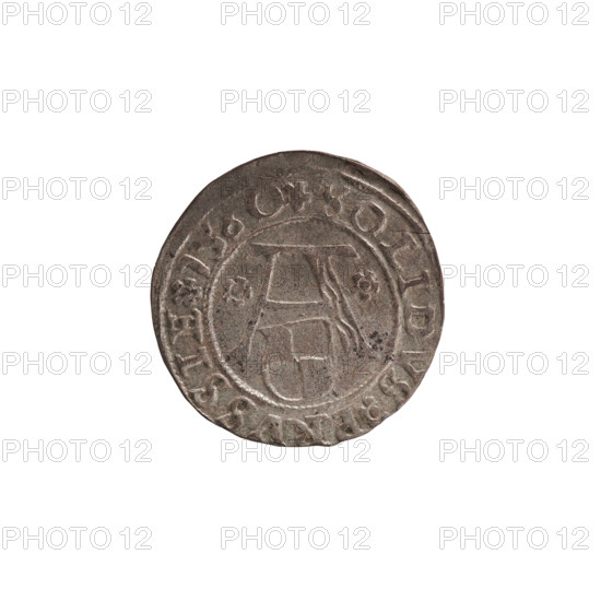 szelag; Lentz, Gerhard; Lauterbach, Casper, publisher; R1 (rarity); eagles; rosettes; Hohenzollern (coat of arms); Albrecht Hohenzollern (Prince of Prussia; 1490–1568). Obv.: Prussian eagle, on its chest the crowned letter S; on rim between pearl borders an inscription beginning with a tower—mint master's mark; between the words one dot each: ALBERTVS DG DVX PRVSSI. Rev.: letter A above the Hohenzollern heraldic shield; one rosette on both sides of the letter; on rim between pearl borders an inscription beginning with a rosette; one rosette between the words: SOLIDVS PRVSSIE 156O. 1560, Königsberg, Ducal Prussia (1525–1701). Coin; diameter 20.5 mm; weight 1.23 g; axis 30°.