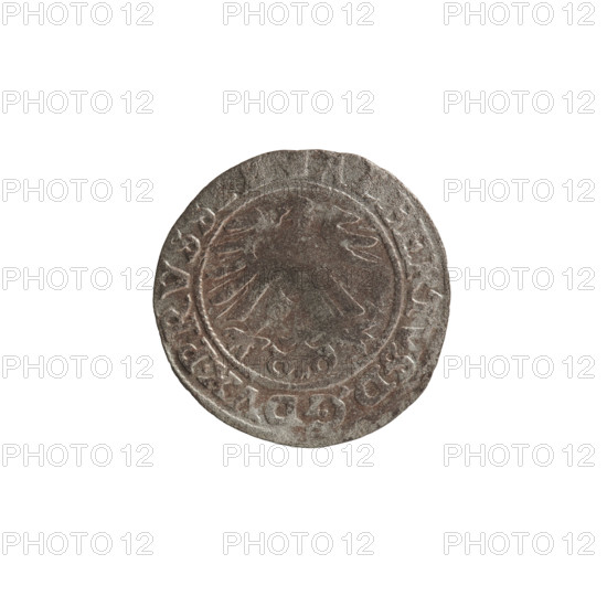 szelag, Lentz, Gerhard, Lauterbach, Casper, publisher, R1 (rarity), eagles, rosettes, Hohenzollern (coat of arms), Albrecht Hohenzollern (Prince of Prussia; 1490-1568), Av. Prussian eagle. On the rim, between the pearl borders, an inscription beginning with a tower - the mint master's mark. Between the words, one dot ALBERTVS DG DVX PRVSS. Rw. The letter A, below which the Hohenzollern family coat of arms. On both sides of the letters, one rosette. In the rim, between the pearl borders, an inscription beginning with a rosette. Between the words, one rosette each: SOLIDVS PRVSSIE 156O, 1560, Königsberg, Ducal Prussia (1525-1701), coin; diameter 20.0 mm; weight 1.03 g; axis 110 degrees.